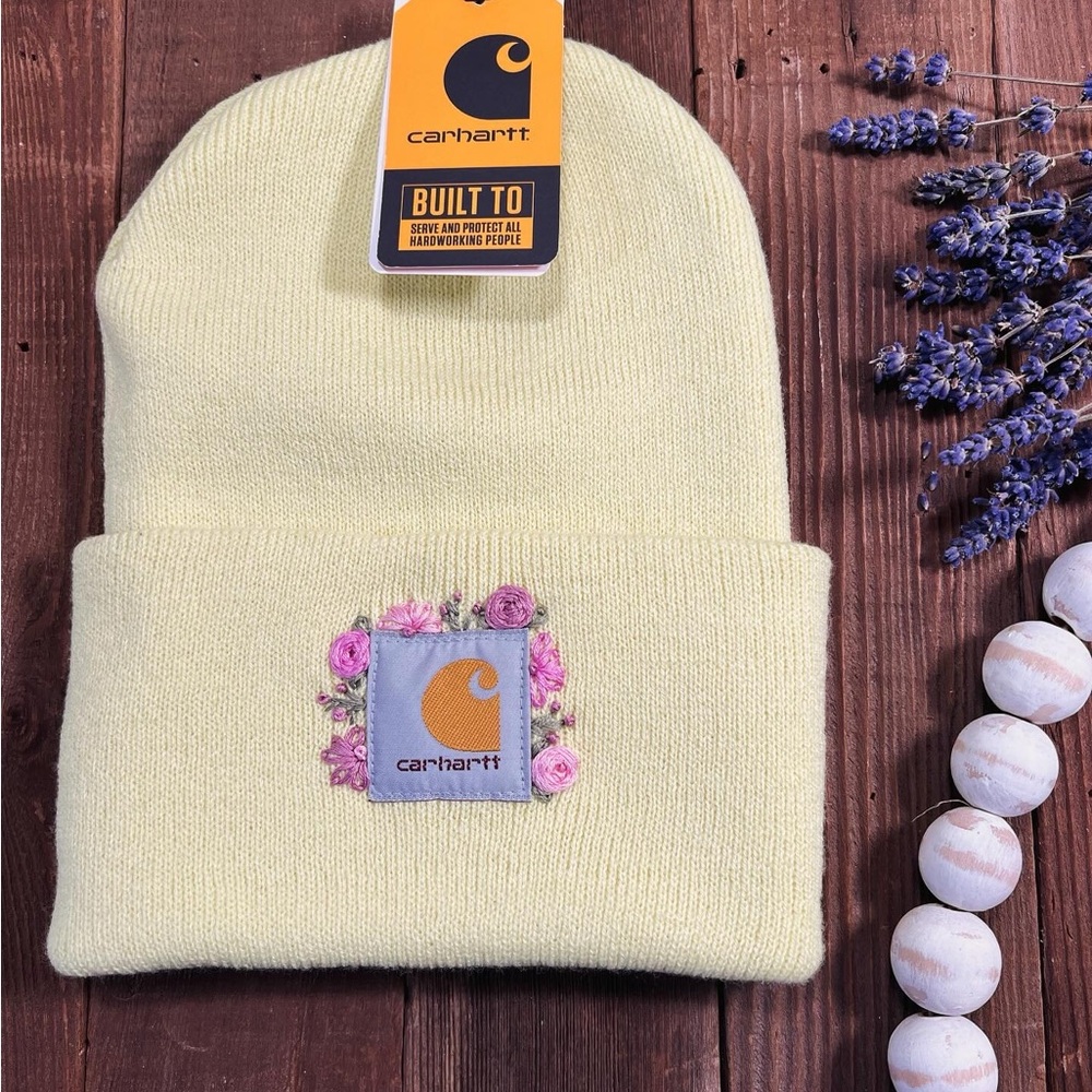 Hand embroidered carhartt lemongrass beanie